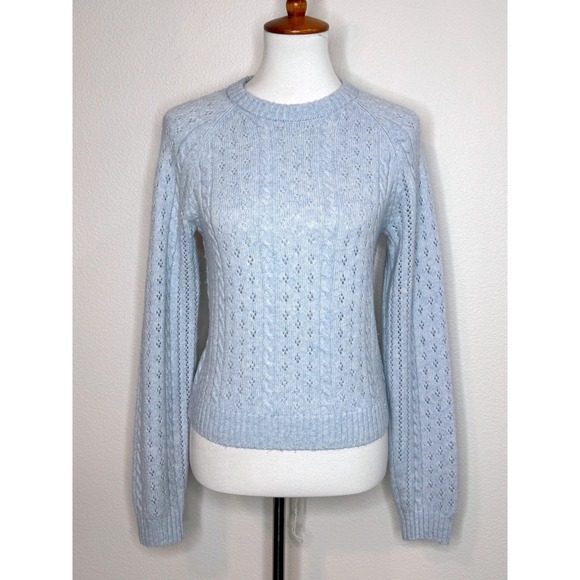 Sunday Best Sweaters - SUNDAY BEST Pointelle Merino Wool Blend Crew Neck Sweater XS Lt Blue Pastel